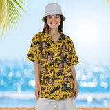 Woman wearing the B-Movie Monster Kaiju Hawaiian Shirt with custom faces