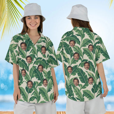 Woman wearing the Banana Leaf Island Hawaiian Shirt with custom faces, front and back view