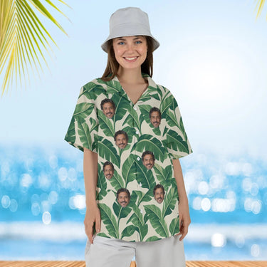 Woman wearing the Banana Leaf Island Hawaiian Shirt with custom faces