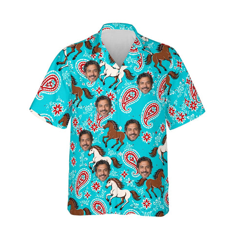 Bandana Mustang Horse Hawaiian Shirt personalized with printed faces, front view