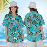 Woman wearing the Bandana Mustang Horse Hawaiian Shirt with custom faces, front and back view