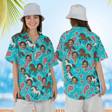 Woman wearing the Bandana Mustang Horse Hawaiian Shirt with custom faces, front and back view