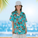Woman wearing the Bandana Mustang Horse Hawaiian Shirt with custom faces