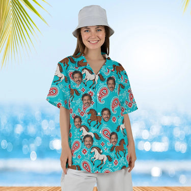 Woman wearing the Bandana Mustang Horse Hawaiian Shirt with custom faces