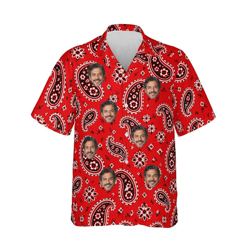 Bandana Red Paisley Hawaiian Shirt personalized with printed faces, front view