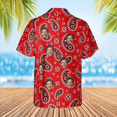 Bandana Red Paisley Hawaiian Shirt with custom faces, back view