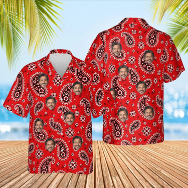 Bandana Red Paisley Hawaiian Shirt with custom faces, front and back