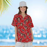 Woman wearing the Bandana Red Paisley Hawaiian Shirt with custom faces