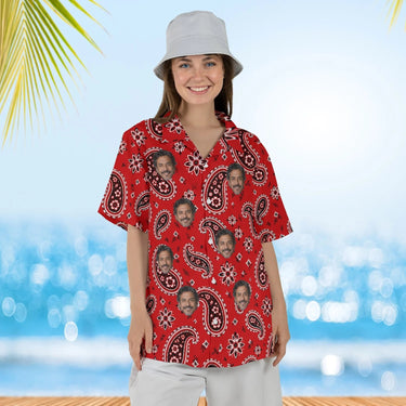 Woman wearing the Bandana Red Paisley Hawaiian Shirt with custom faces