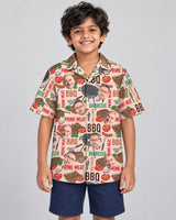Barbecue Time Hawaiian shirt with printed faces, worn by a child