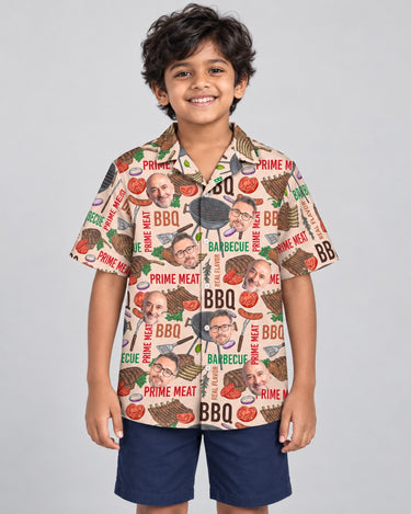 Barbecue Time Hawaiian shirt with printed faces, worn by a child