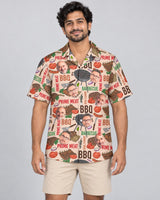 Barbecue Time Hawaiian shirt with printed faces, worn by a man