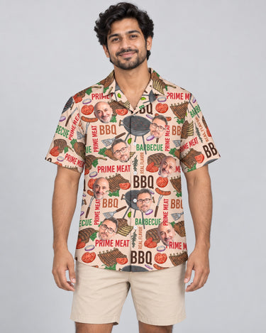 Barbecue Time Hawaiian shirt with printed faces, worn by a man
