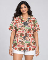 Barbecue Time Hawaiian shirt with printed faces, worn by a woman