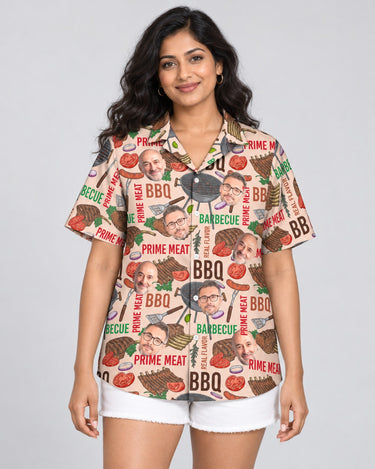 Barbecue Time Hawaiian shirt with printed faces, worn by a woman