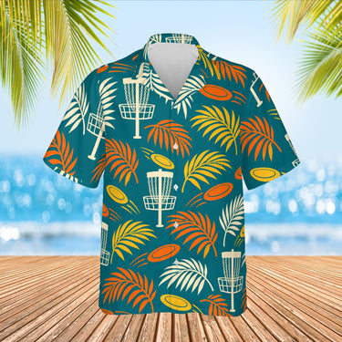 Basket & Palms Disc Golf Hawaiian Shirt print before personalizing, front view