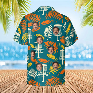 Basket & Palms Disc Golf Hawaiian Shirt with custom faces, back view