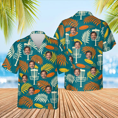 Basket & Palms Disc Golf Hawaiian Shirt with custom faces, front and back