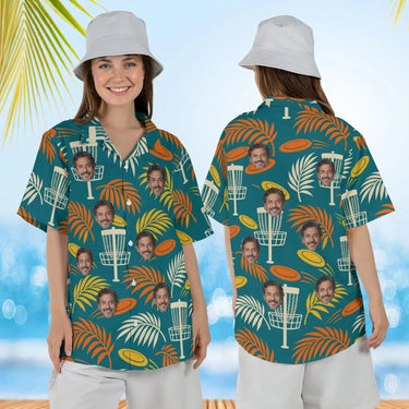 Woman wearing the Basket & Palms Disc Golf Hawaiian Shirt with custom faces, front and back view