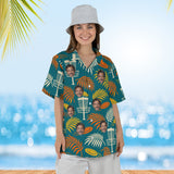 Woman wearing the Basket & Palms Disc Golf Hawaiian Shirt with custom faces