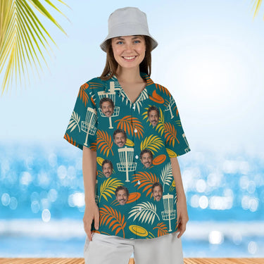 Woman wearing the Basket & Palms Disc Golf Hawaiian Shirt with custom faces