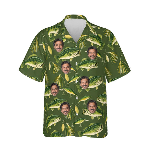 Bass & Lures Fishing Hawaiian Shirt personalized with printed faces, front view