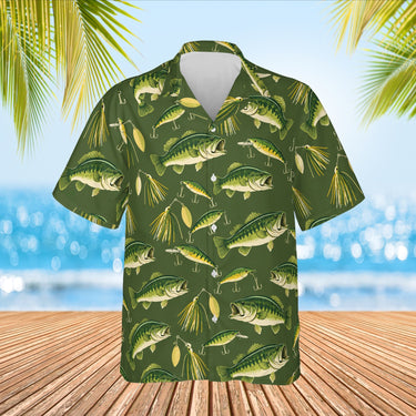 Bass & Lures Fishing Hawaiian Shirt print before personalizing, front view