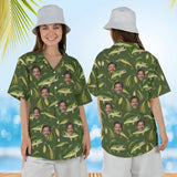 Woman wearing the Bass & Lures Fishing Hawaiian Shirt with custom faces, front and back view