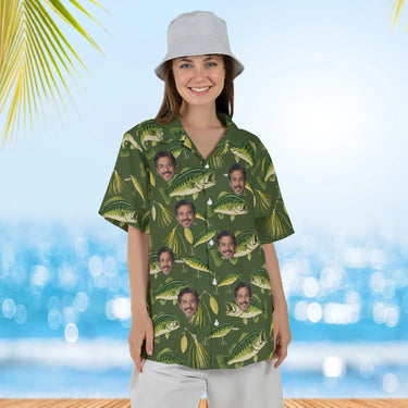 Woman wearing the Bass & Lures Fishing Hawaiian Shirt with custom faces
