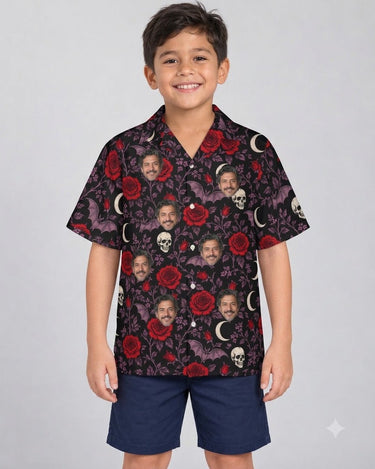 Bats & Roses Goth Hawaiian Shirt with printed faces, worn by a child