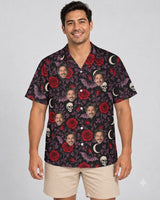 Bats & Roses Goth Hawaiian Shirt with printed faces, worn by a man
