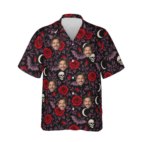 Bats & Roses Goth Hawaiian Shirt personalized with printed faces, front view