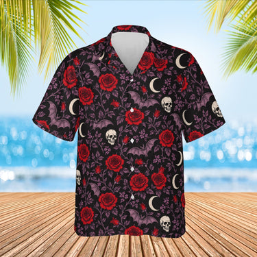 Bats & Roses Goth Hawaiian Shirt print before personalizing, front view
