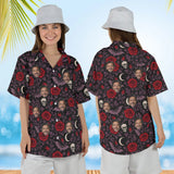 Woman wearing the Bats & Roses Goth Hawaiian Shirt with custom faces, front and back view