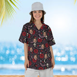Woman wearing the Bats & Roses Goth Hawaiian Shirt with custom faces