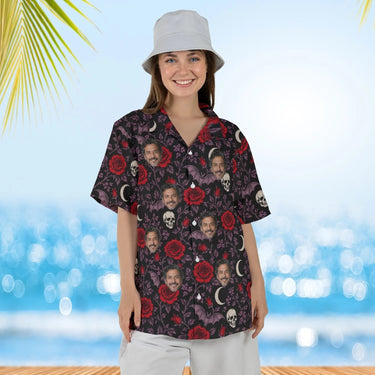 Woman wearing the Bats & Roses Goth Hawaiian Shirt with custom faces