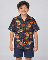 BBQ Feast Paradise Hawaiian shirt with printed faces, worn by a child