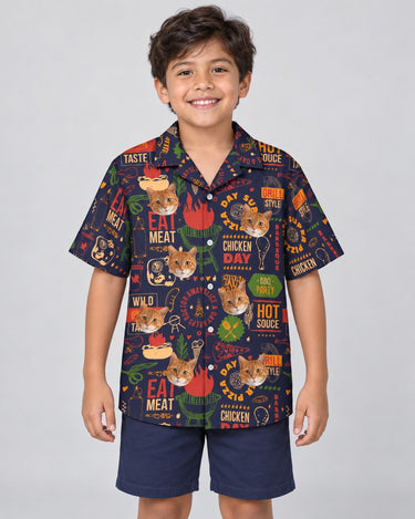 BBQ Feast Paradise Hawaiian shirt with printed faces, worn by a child