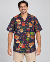 BBQ Feast Paradise Hawaiian shirt with printed faces, worn by a man