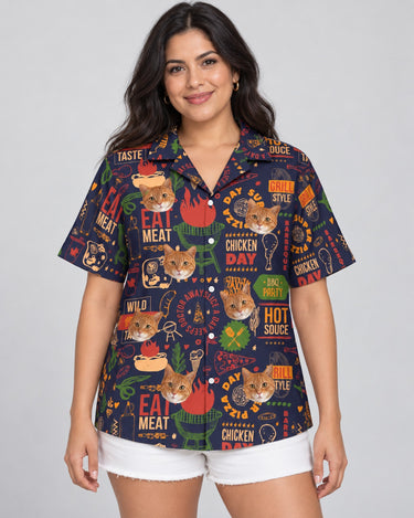 BBQ Feast Paradise Hawaiian shirt with printed faces, worn by a woman