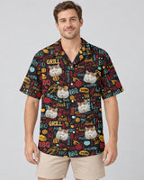 BBQ Royale Night Hawaiian shirt with printed faces, worn by a man