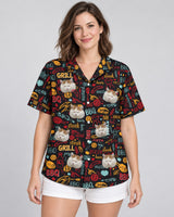 BBQ Royale Night Hawaiian shirt with printed faces, worn by a woman