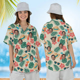 Woman wearing the Beach Hat Tropical Hawaiian Shirt with custom faces, front and back view