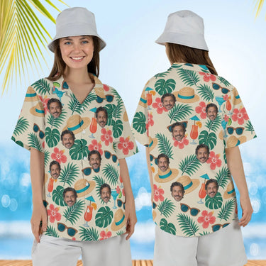 Woman wearing the Beach Hat Tropical Hawaiian Shirt with custom faces, front and back view