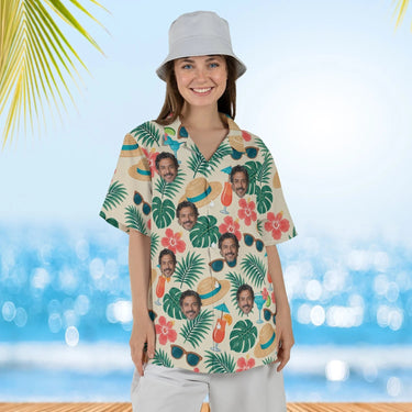 Woman wearing the Beach Hat Tropical Hawaiian Shirt with custom faces
