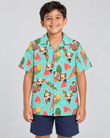 Beach Holiday Hawaiian shirt with printed faces, worn by a child