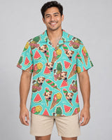 Beach Holiday Hawaiian shirt with printed faces, worn by a man