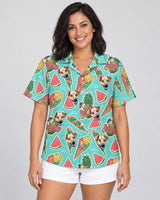 Beach Holiday Hawaiian shirt with printed faces, worn by a woman