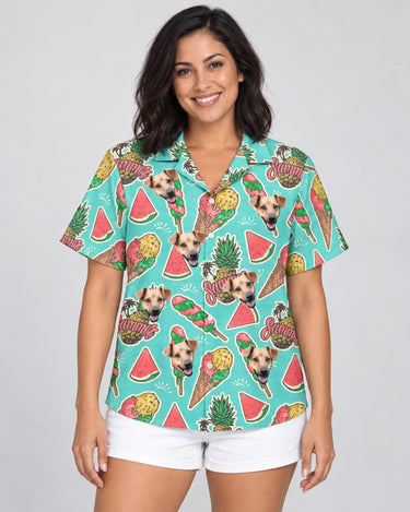 Beach Holiday Hawaiian shirt with printed faces, worn by a woman