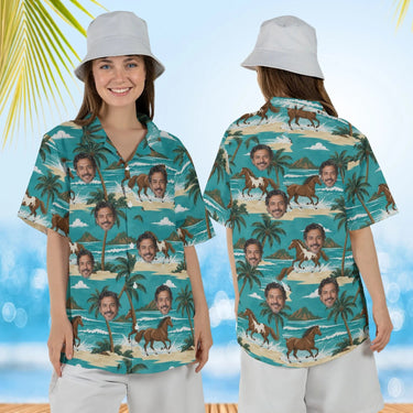 Woman wearing the Beach Horse Hawaiian Shirt with custom faces, front and back view